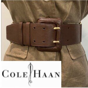 Cole Haan Wide Brown Leather Belt, Size Small, Adjustable Buckle